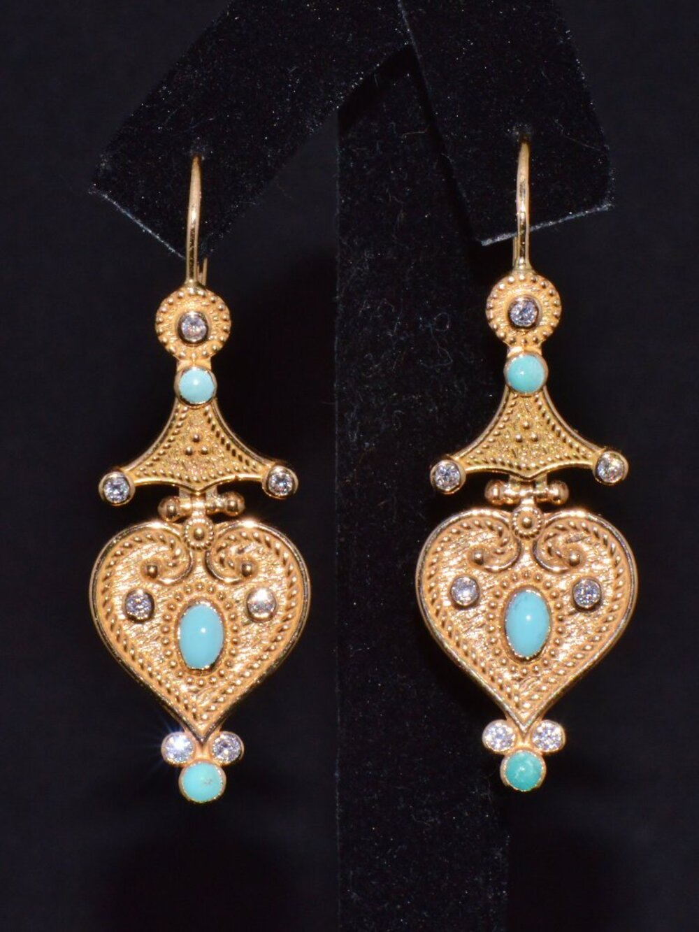 Gorgeous Natural Diamond Turquoise 18K Solid Gold Byzantine Dangle Earrings